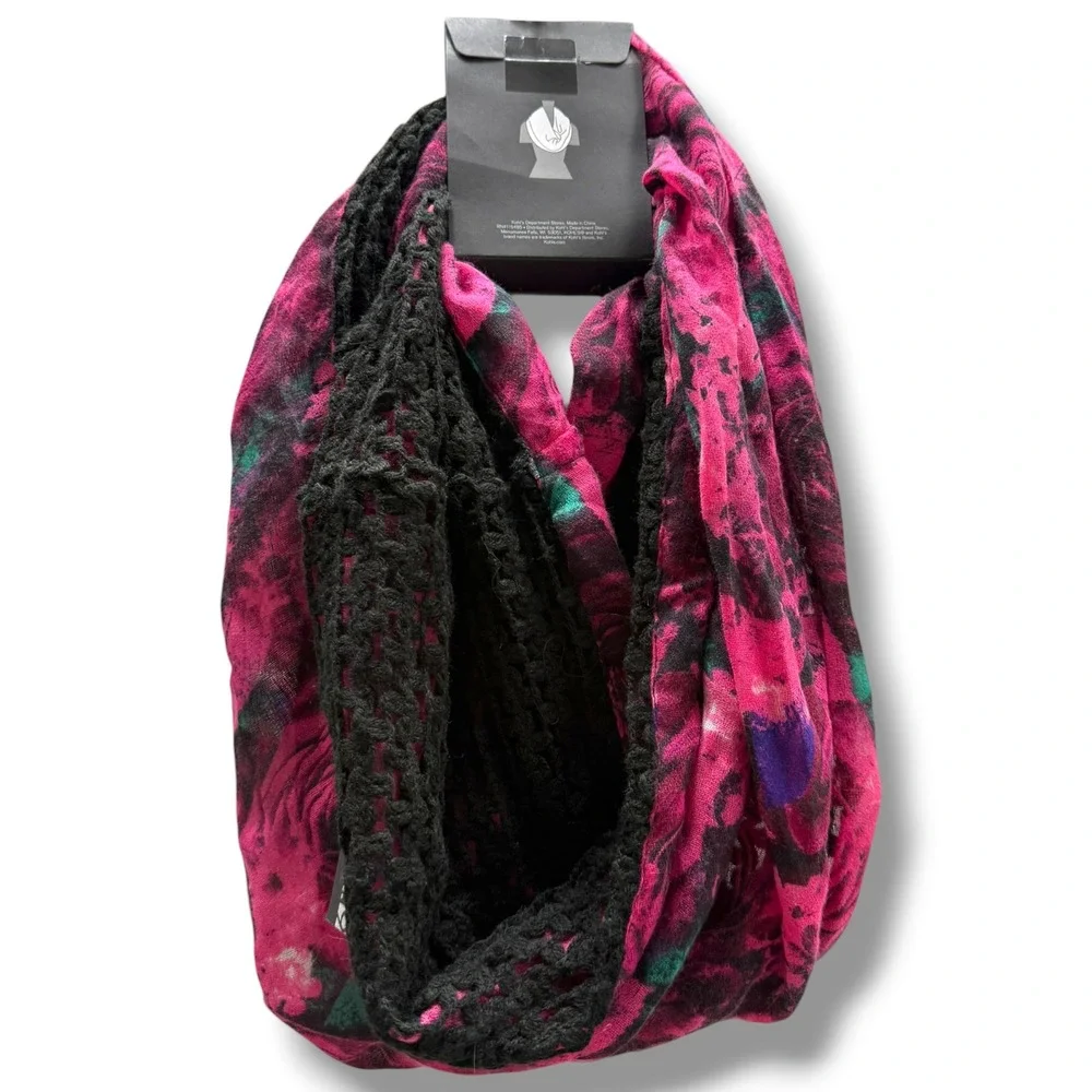 Apt. 9 Womens Pink Floral Rose Infinity Scarf Black Crochet Lace Trim New